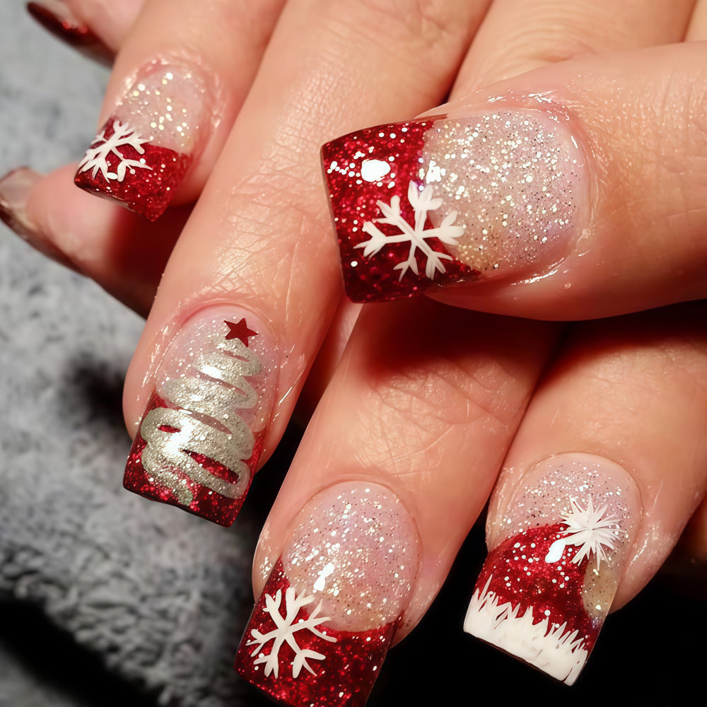 24pcs/Set Short Square Snowflake Christmas Hat Press On Nails