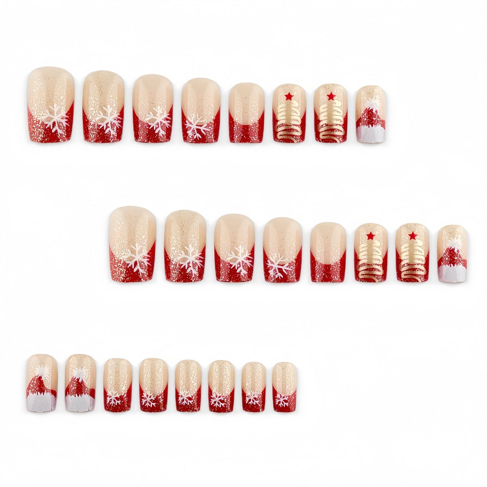 24pcs/Set Short Square Snowflake Christmas Hat Press On Nails
