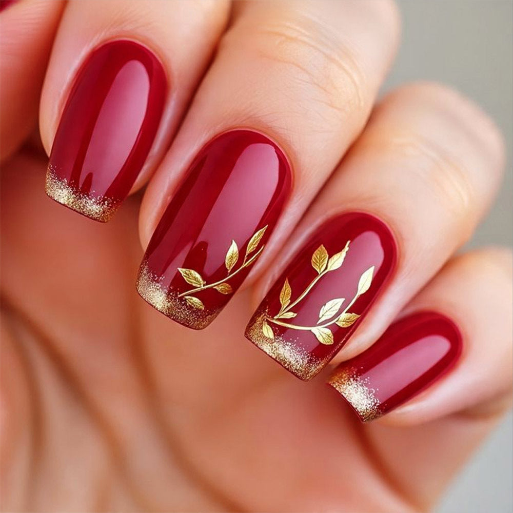 24pcs/Set Red Gold Foil Maple Leaf Short Square Fall Winter Press On Nails