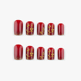24pcs/Set Red Gold Foil Maple Leaf Short Square Fall Winter Press On Nails