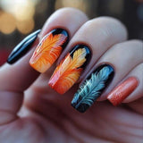 24pcs/Set Long Square Black-Orange Feather Press On Nails
