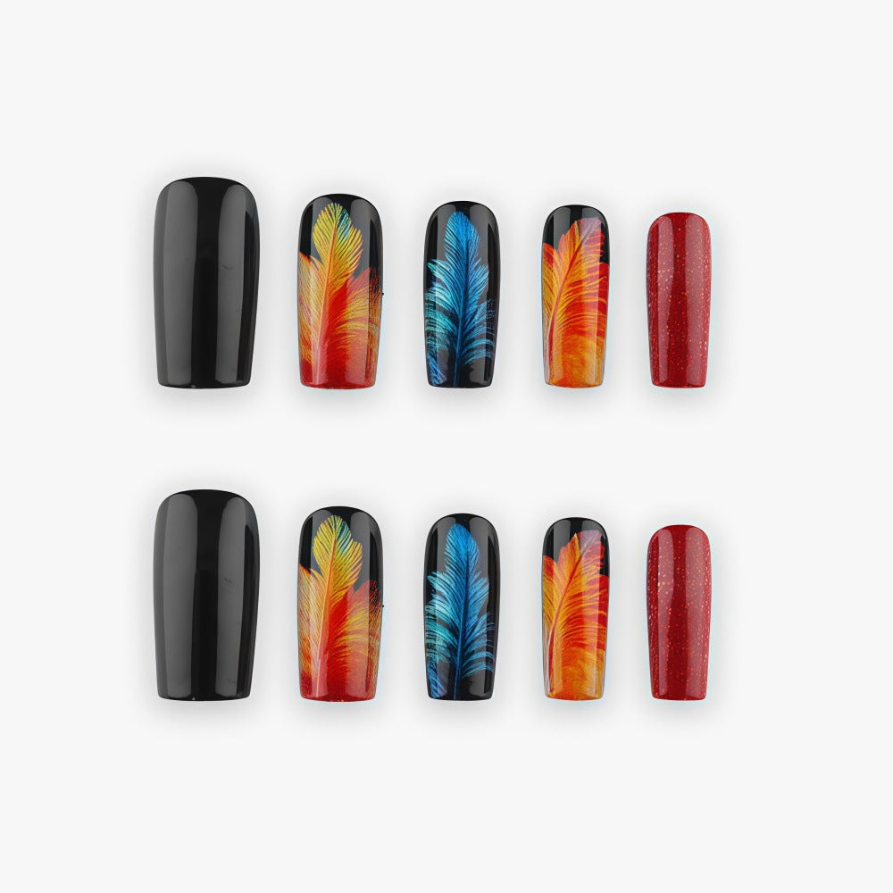 24pcs/Set Long Square Black-Orange Feather Press On Nails