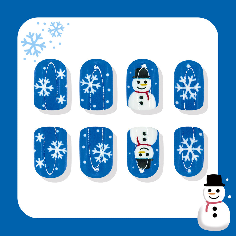 24pcs/Set Christmas Short Snowflake Snowman Blue Press On Nails
