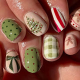 24pcs/Set Christmas Tree Gingerbread Man Plaid Polka Dot Bow Short Square Press On Nails