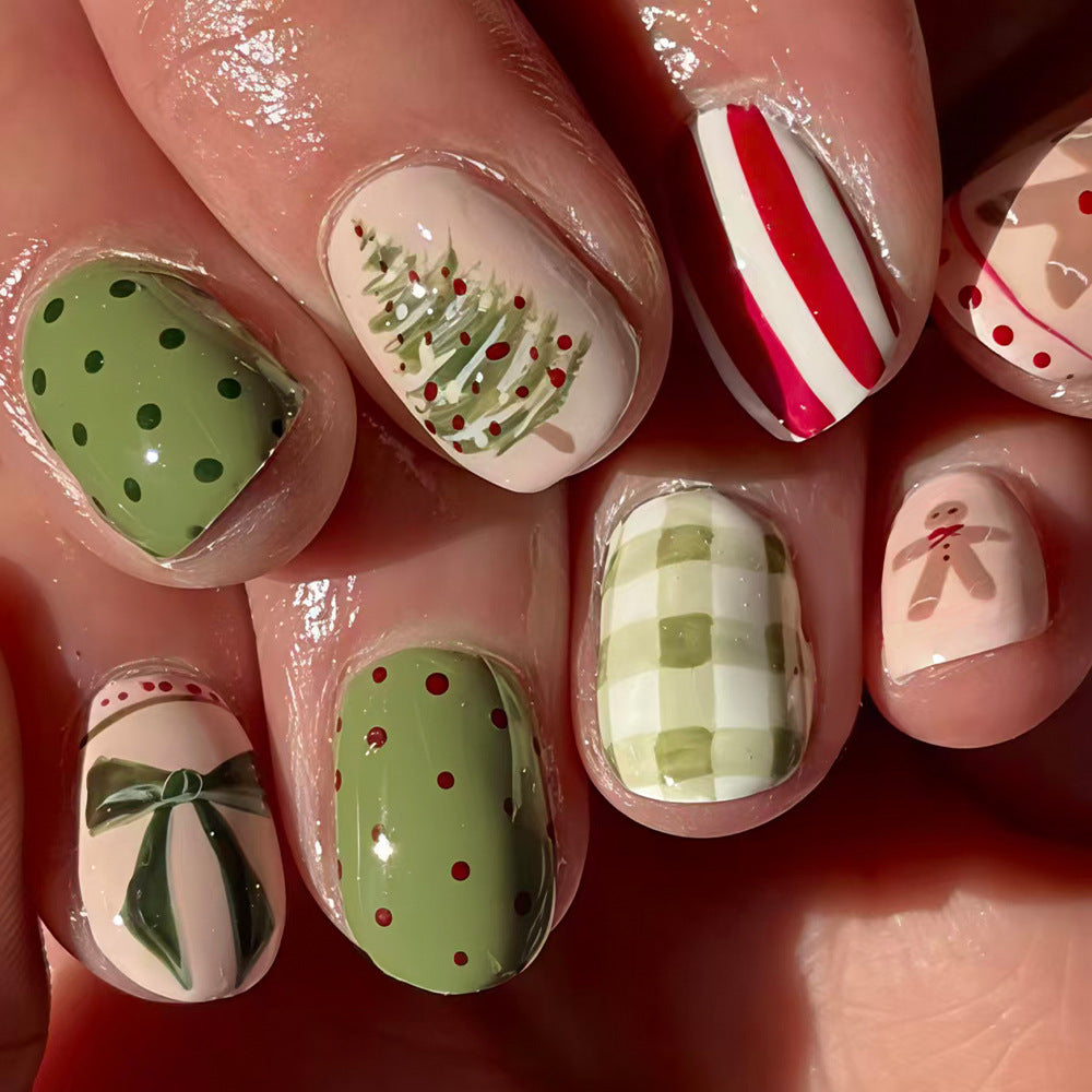 24pcs/Set Christmas Tree Gingerbread Man Plaid Polka Dot Bow Short Square Press On Nails