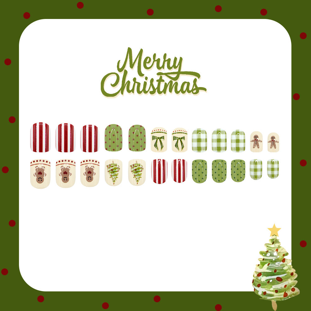 24pcs/Set Christmas Tree Gingerbread Man Plaid Polka Dot Bow Short Square Press On Nails