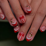 24pcs/Set Red Christmas Hat French Bow Short Oval Press On Nails