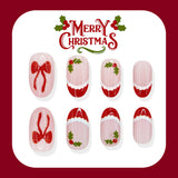 24pcs/Set Red Christmas Hat French Bow Short Oval Press On Nails
