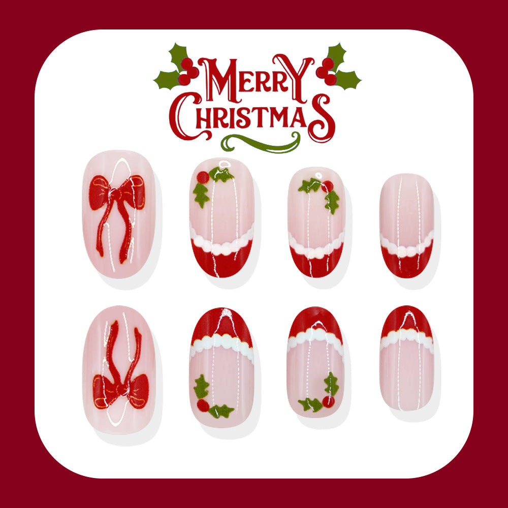 24pcs/Set Red Christmas Hat French Bow Short Oval Press On Nails