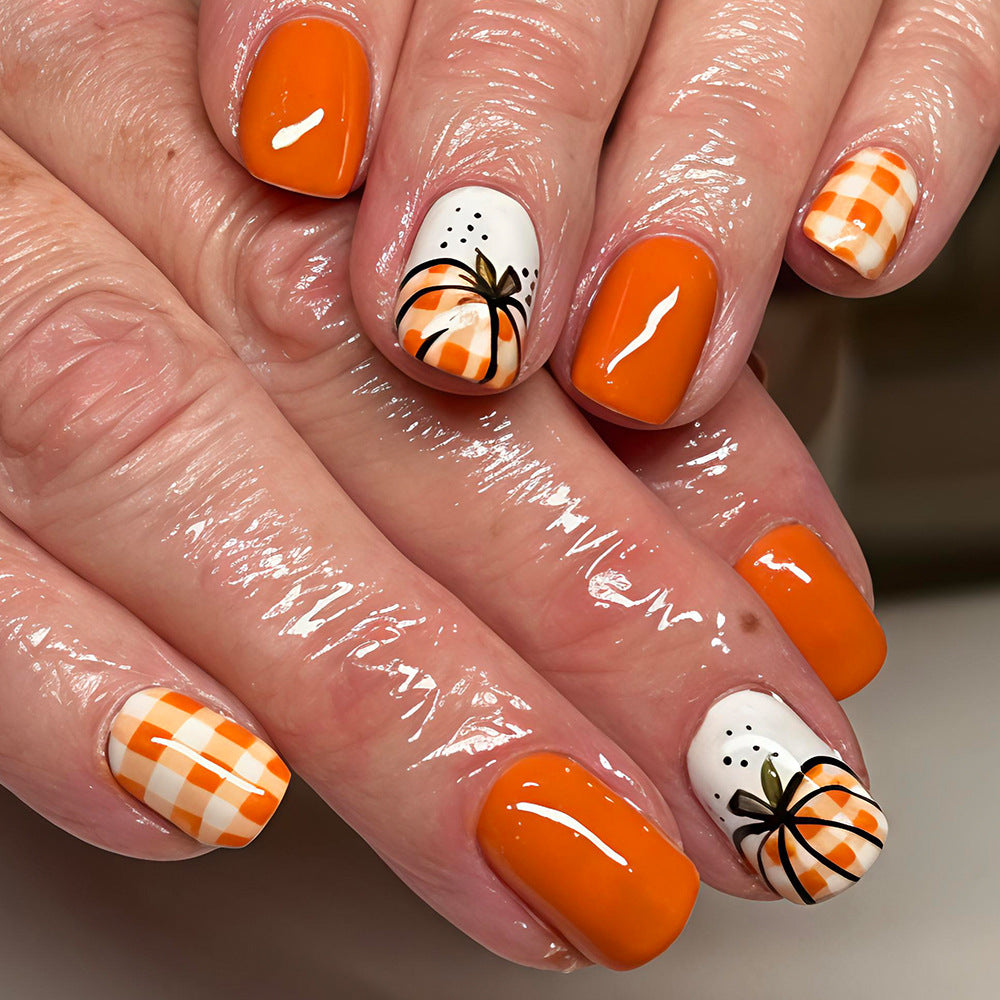 24pcs/Set Fall Thanksgiving Plaid Pumpkin Short Square Press On Nails