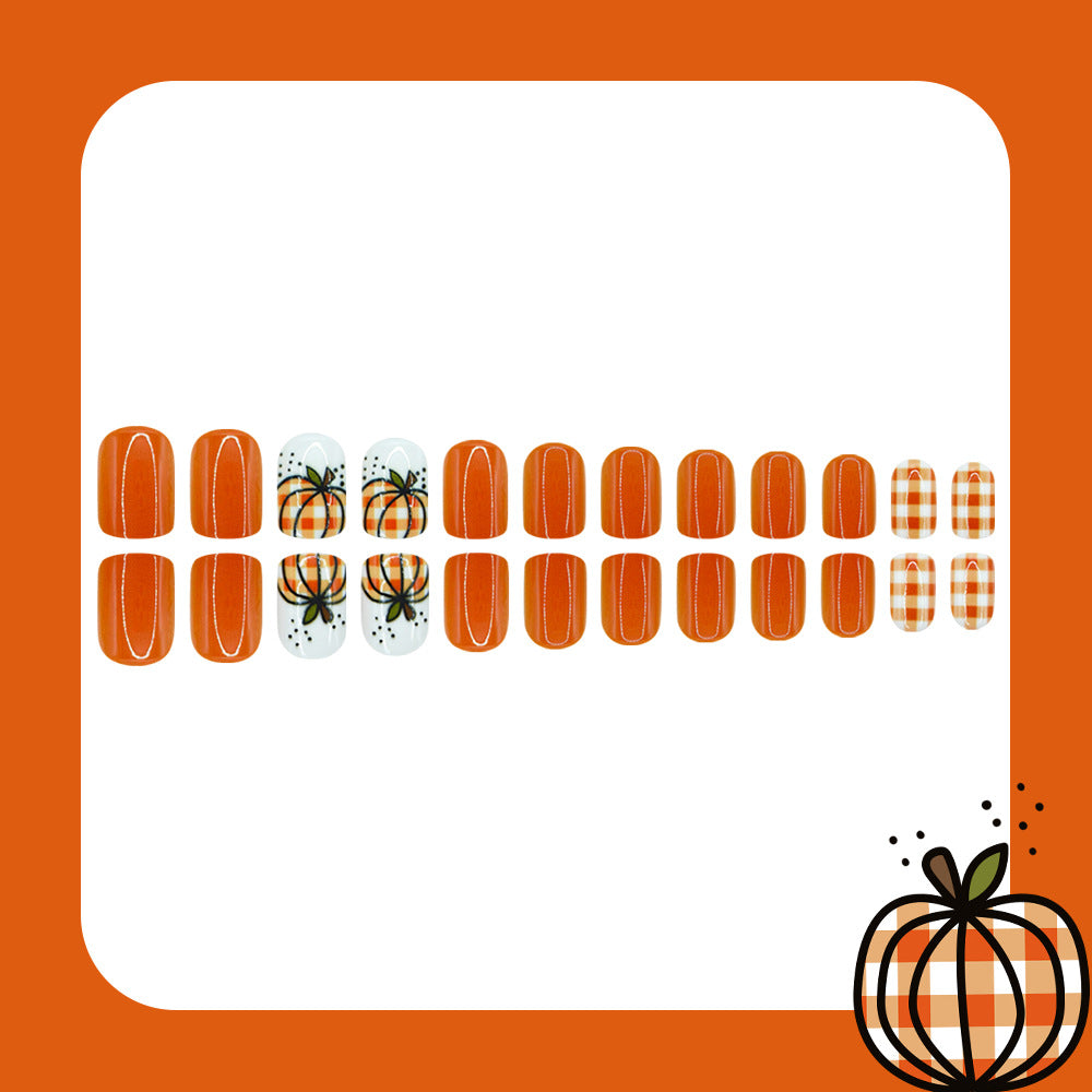 24pcs/Set Fall Thanksgiving Plaid Pumpkin Short Square Press On Nails