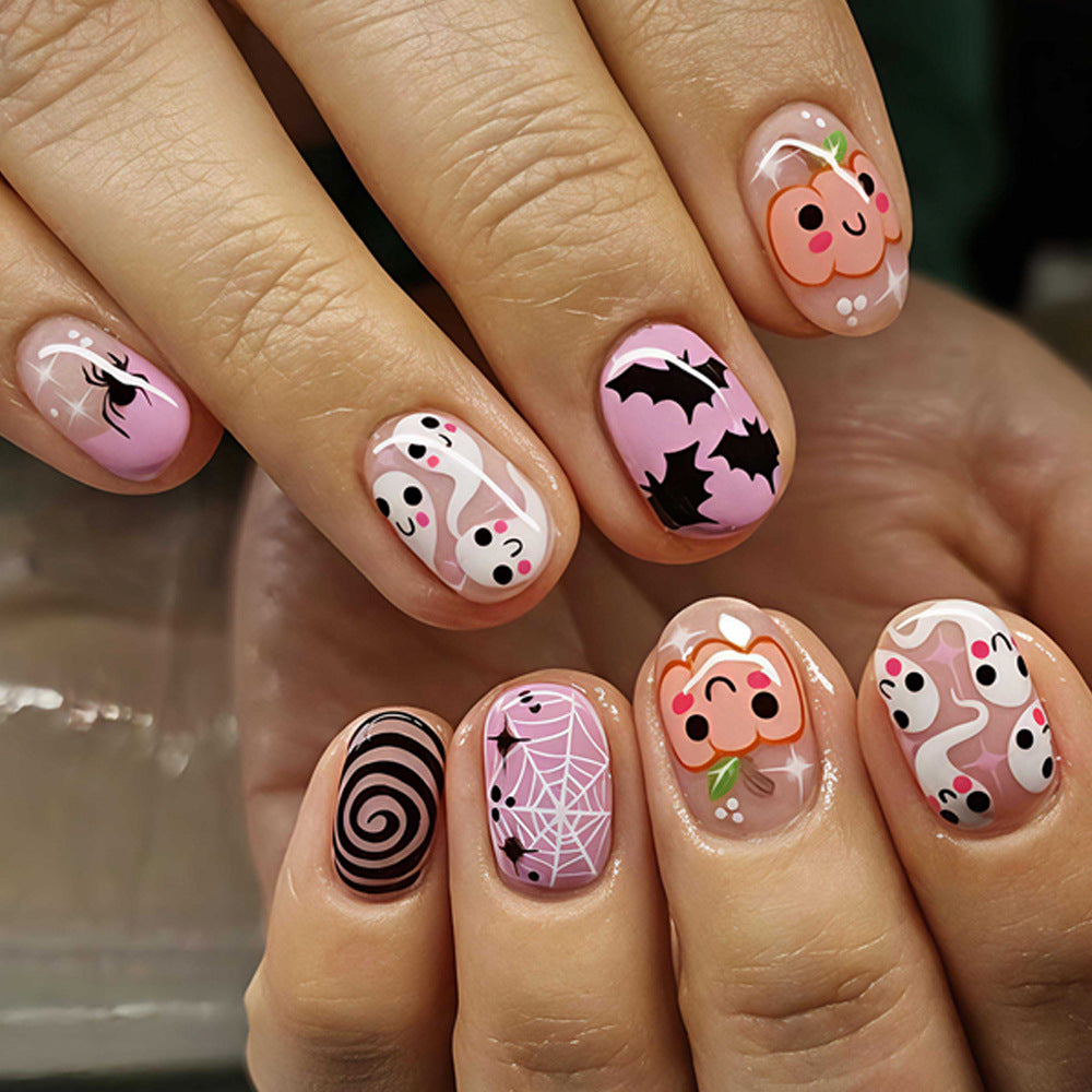 24pcs/Set  Halloween Pumpkin Ghost Bat Short Square Press On Nails