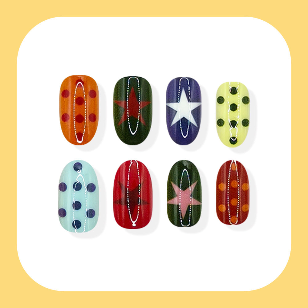 24pcs/Set Star Polka Dot Multicolor Short Oval Press On Nails