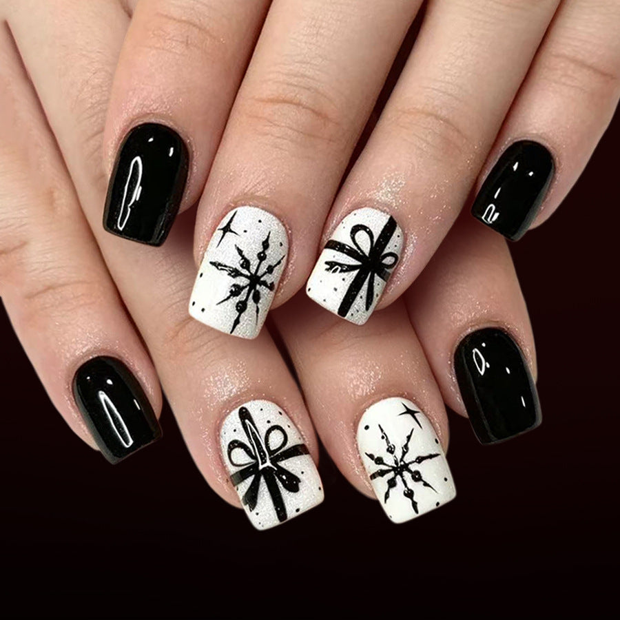 24pcs/Set Short Square Black-White Snowflake Bow Press On Nails