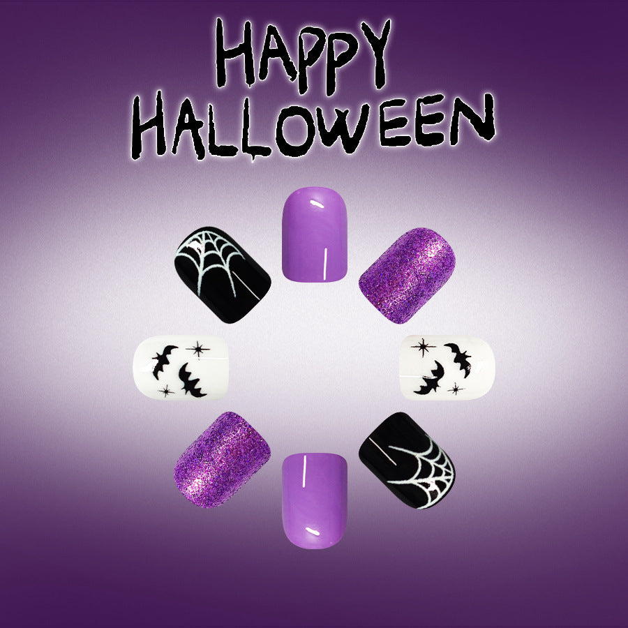 24pcs/Set Short Square Dark Halloween Spider Web Ghost Bat Press On Nails