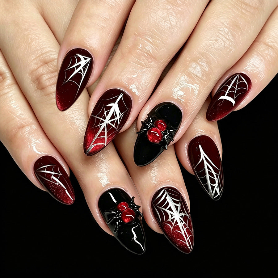 24pcs/Set Medium Almond Dark Red Cat Eye Spider Rhinestone Halloween Press On Nails