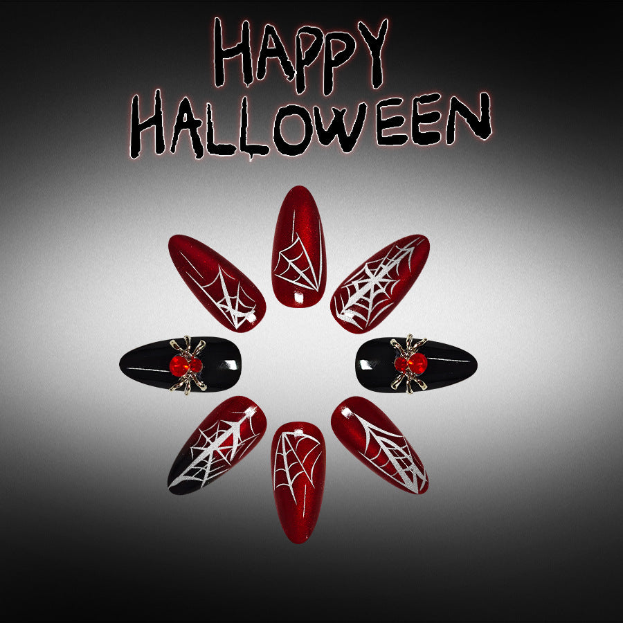 24pcs/Set Medium Almond Dark Red Cat Eye Spider Rhinestone Halloween Press On Nails