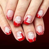 24pcs/Set Short Square Red French Christmas Hat Striped Snowflake Christmas Press On Nails