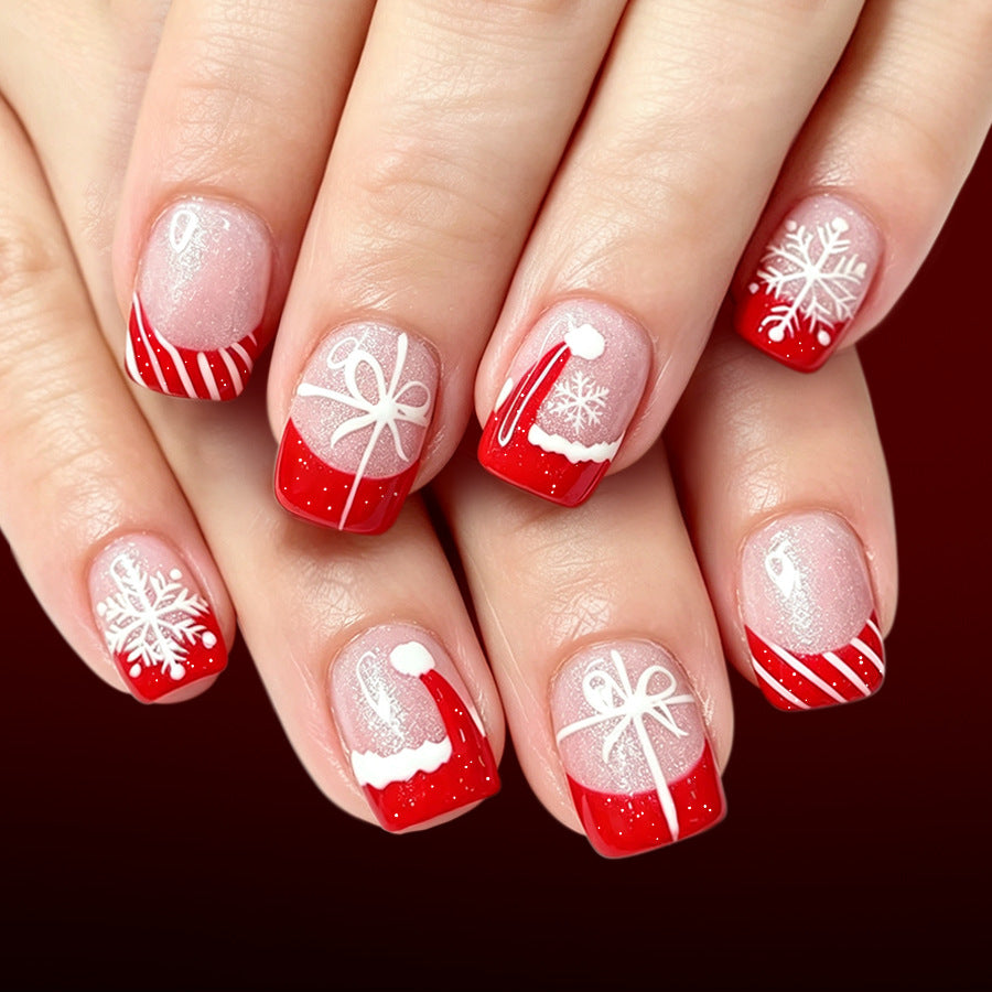 24pcs/Set Short Square Red French Christmas Hat Striped Snowflake Christmas Press On Nails