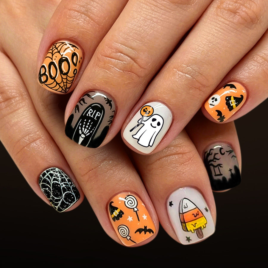 24pcs/Set Short Square Spider Web Ghost Bat Halloween Press On Nails