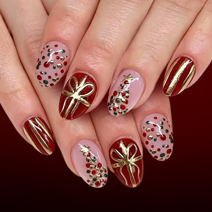24pcs/Set Short Oval Gold Bow Polka Dot Christmas Tree Press On Nails