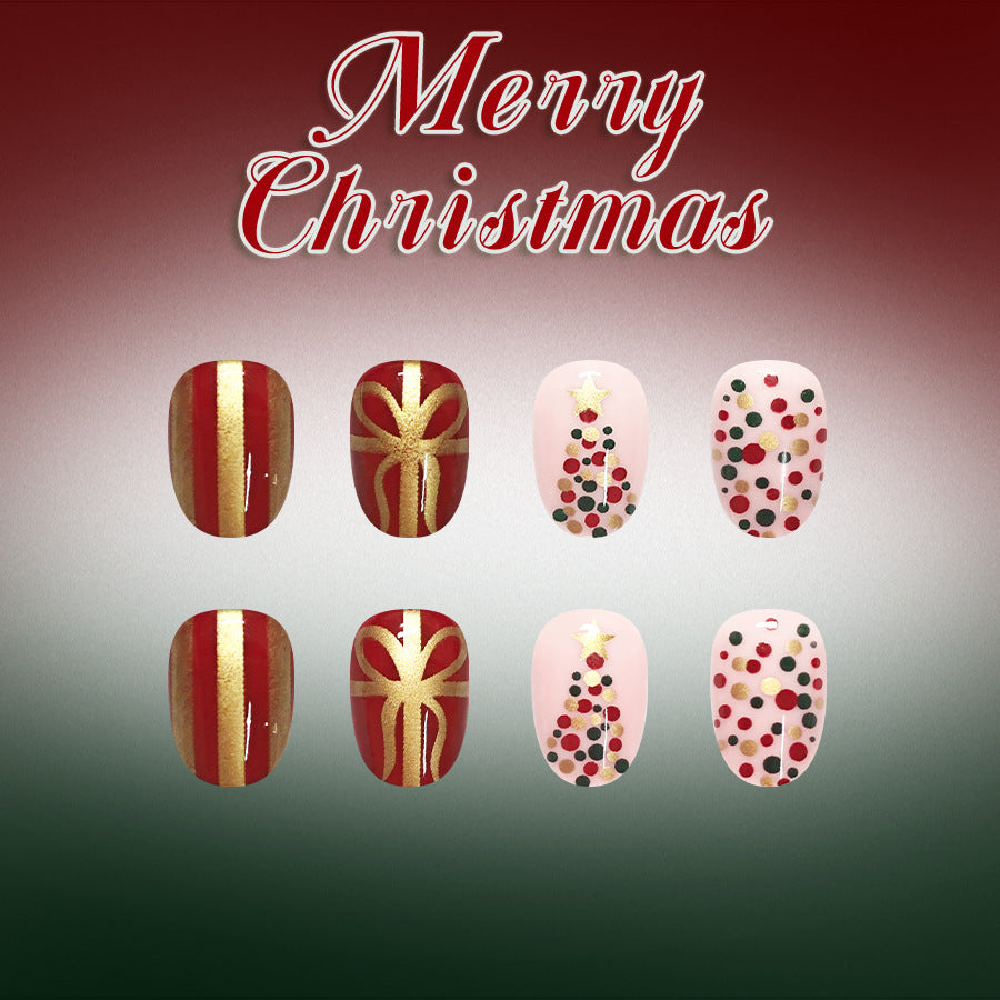 24pcs/Set Short Oval Gold Bow Polka Dot Christmas Tree Press On Nails