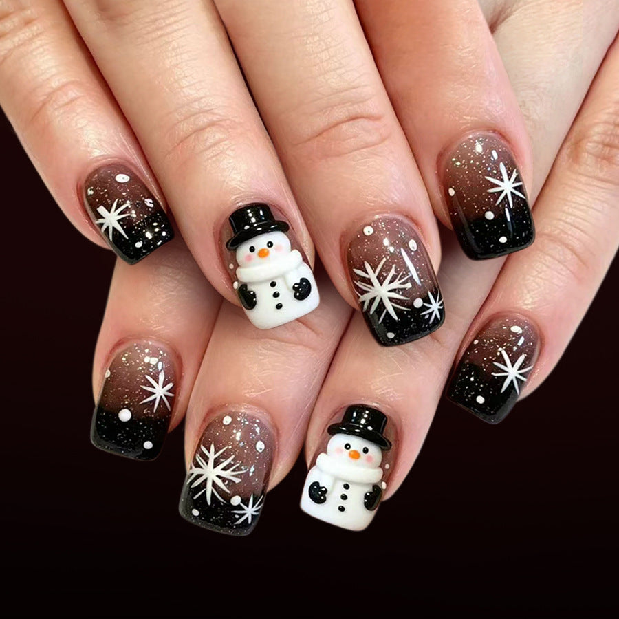 24pcs/Set Short Square Black French Snowflake Snowman Christmas Press On Nails