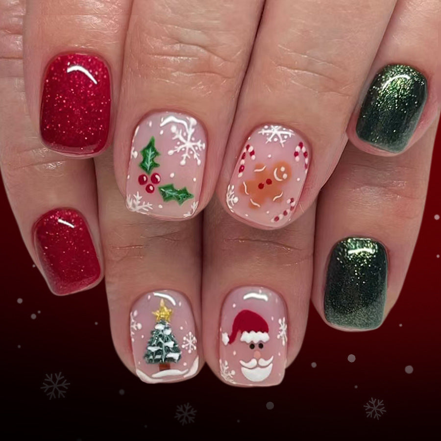 24pcs/Set Short Square Santa Claus Gingerbread Man Christmas Tree Snowflake Press On Nails