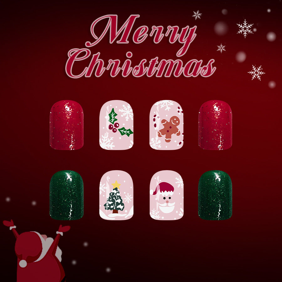 24pcs/Set Short Square Santa Claus Gingerbread Man Christmas Tree Snowflake Press On Nails