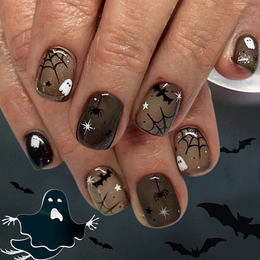 24pcs/Set Short Square Spider Web Ghost Bat Halloween Press On Nails