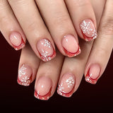 24pcs/Set Short Square Red French White Snowflake Christmas Press On Nails