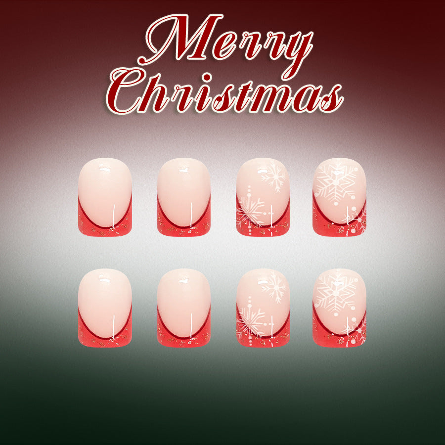 24pcs/Set Short Square Red French White Snowflake Christmas Press On Nails