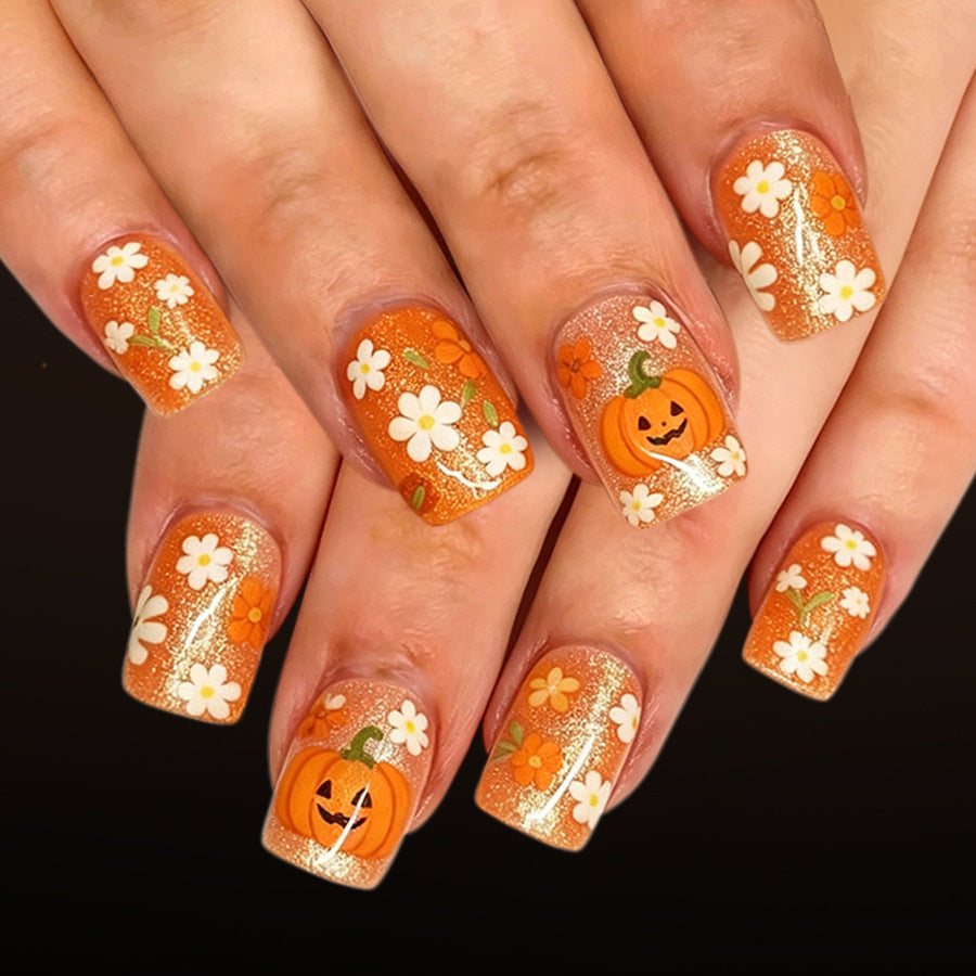 24pcs/Set Short Square Orange Glitter Floral Pumpkin Halloween Press On Nails