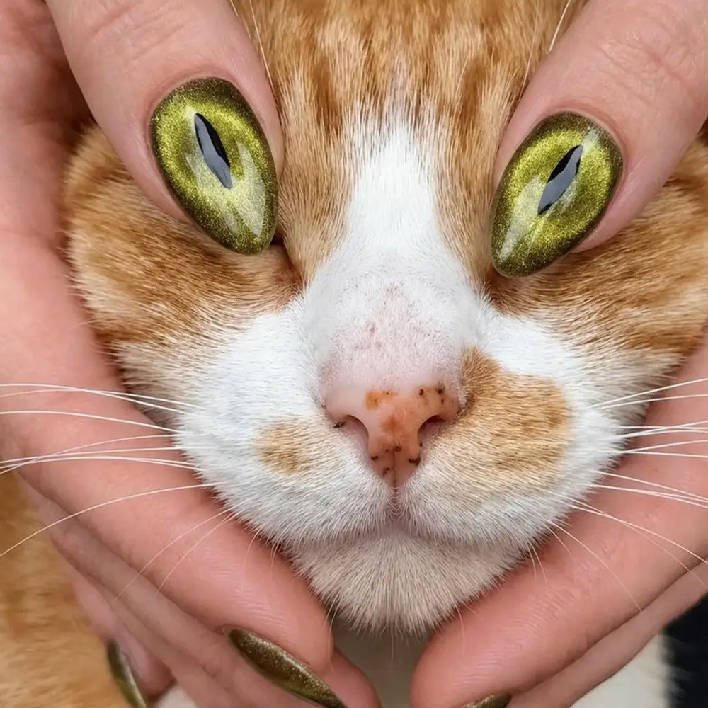 24pcs/Set Dark Cat Eye Green Pupil Medium Almond Press On Nails