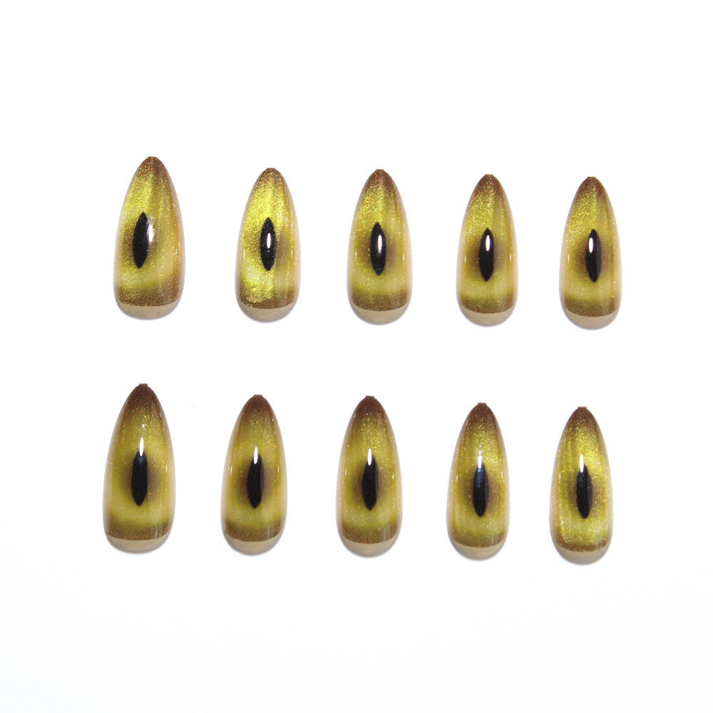 24pcs/Set Dark Cat Eye Green Pupil Medium Almond Press On Nails