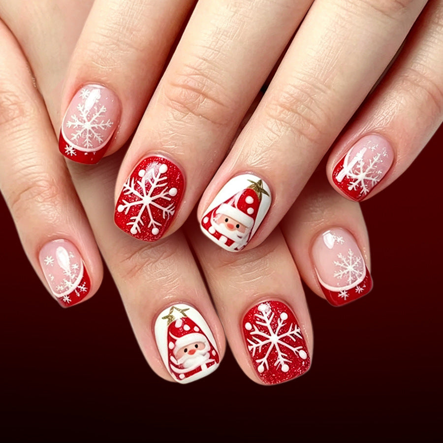 24pcs/Set Short Square Christmas Tree Red French Snowflake Press On Nails