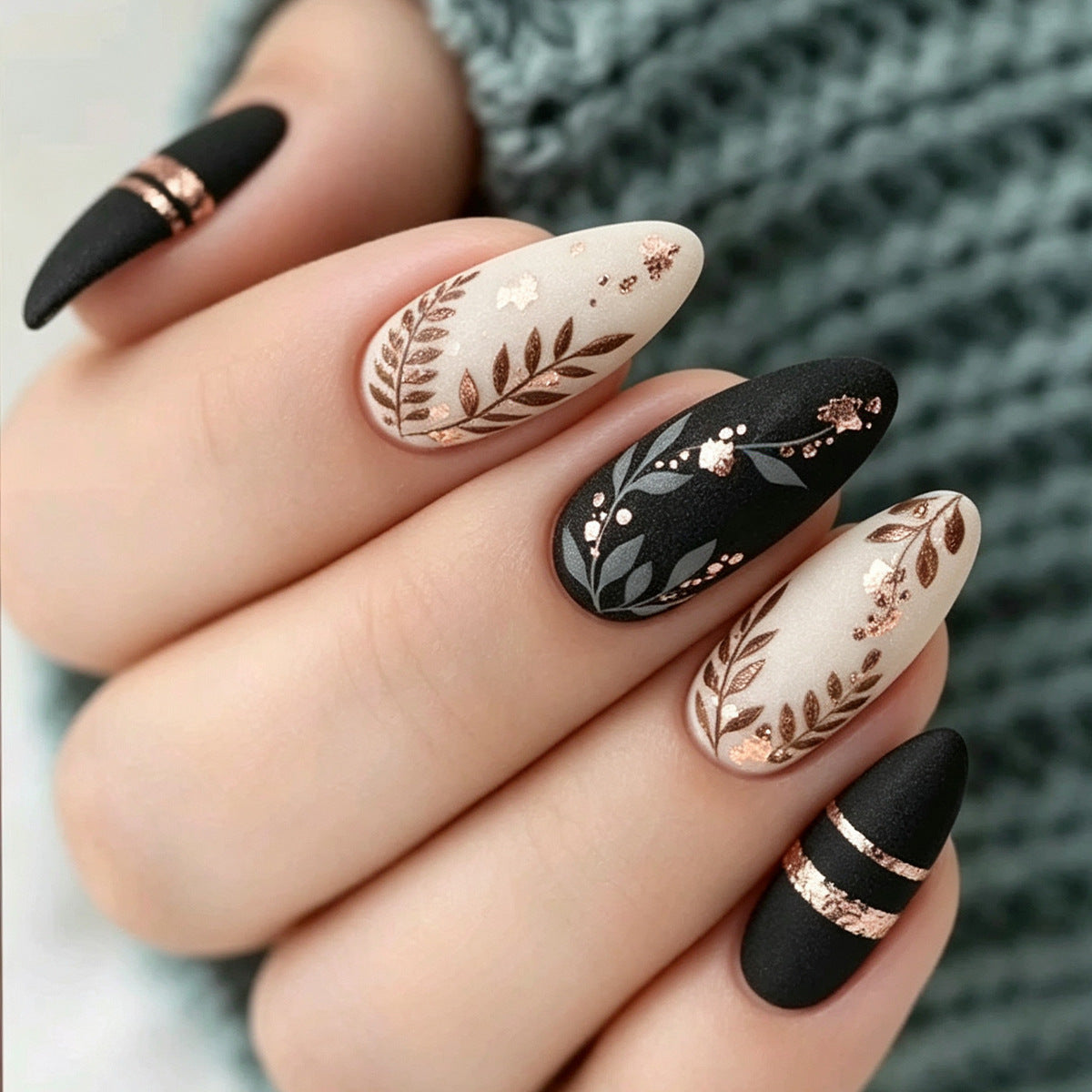 24pcs/Set Leaf French Matte Medium Almond Press On Nails