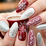 24pcs/Set Christmas Silver Snowflake Medium Almond Press On Nails