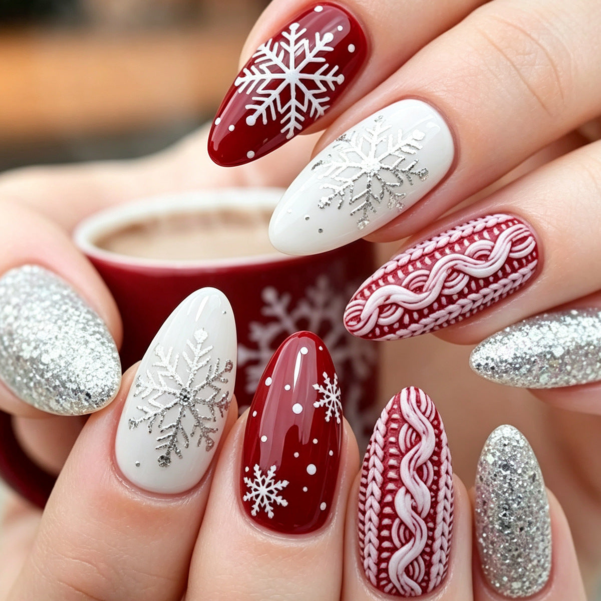 24pcs/Set Christmas Silver Snowflake Medium Almond Press On Nails