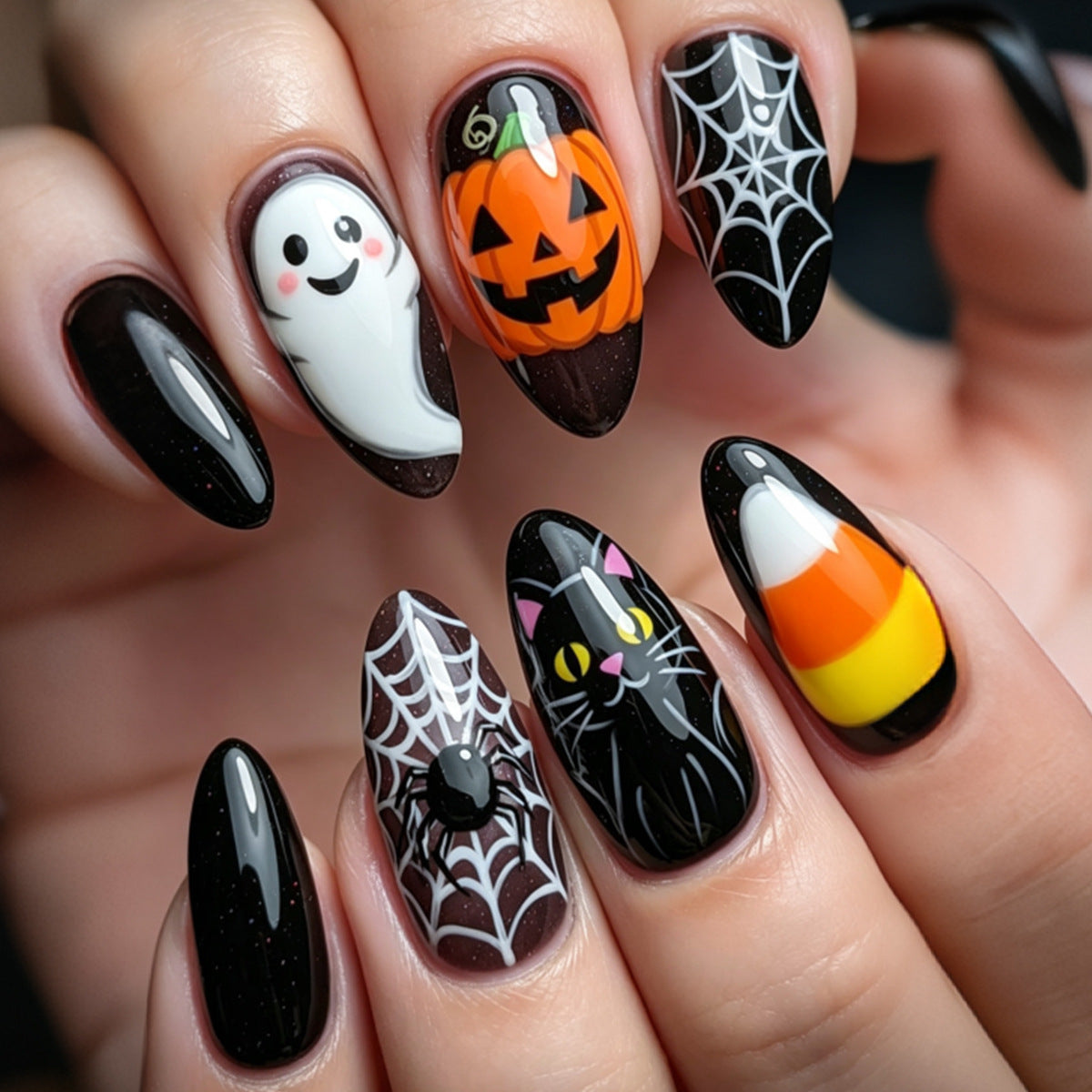 24pcs/Set Spider Web Pumpkin Halloween Medium Almond Press On Nails