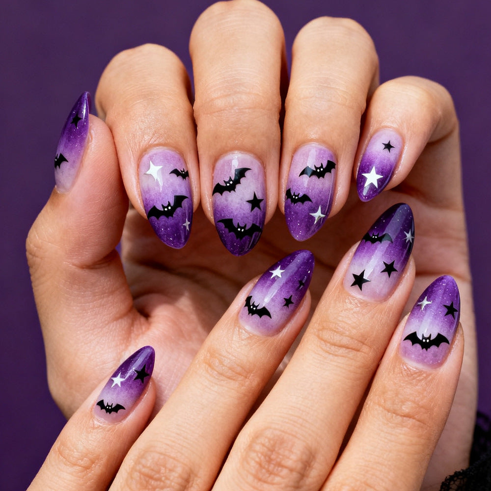 24pcs/Set Halloween Purple Gradient Black Bat Medium Almond Press On Nails