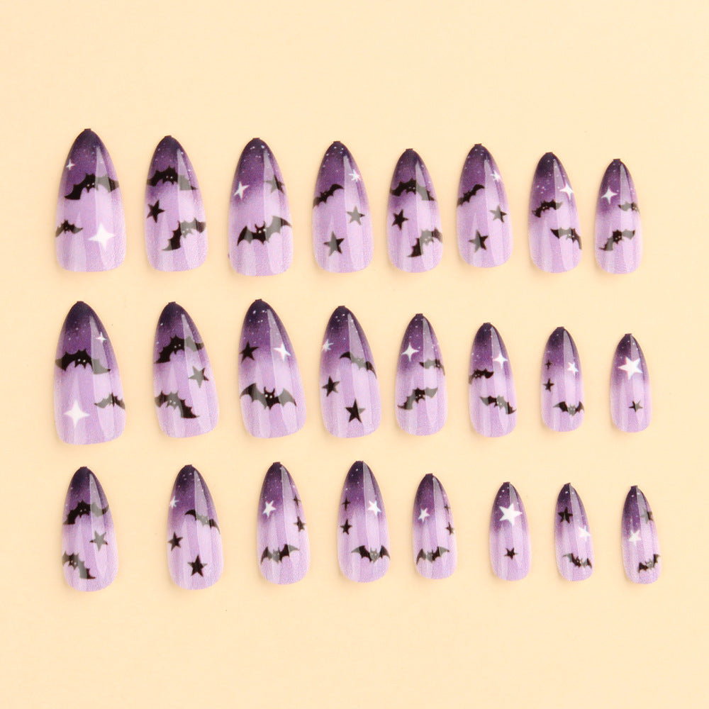 24pcs/Set Halloween Purple Gradient Black Bat Medium Almond Press On Nails