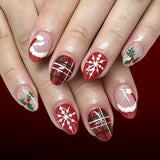 24pcs/Set Short Oval French Christmas Hat Snowflake Press On Nails