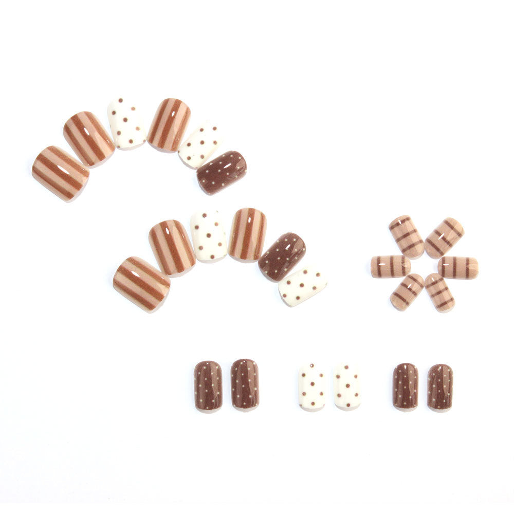 24pcs/Set Brown Striped Polka Dot Short Square Press On Nails