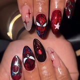 24pcs/Set Shiny Red Mirror Spider-Man Medium Almond Halloween Press On Nails