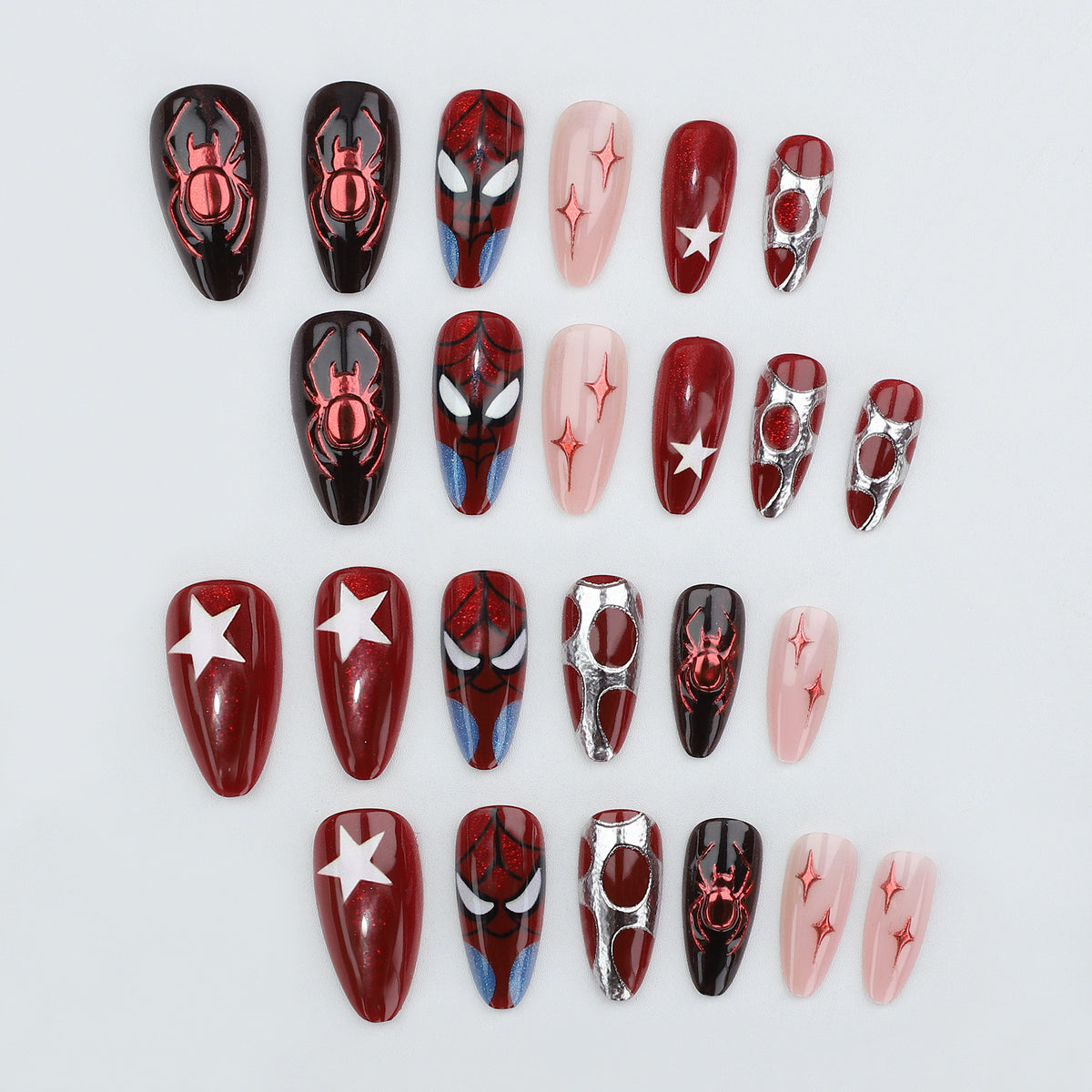 24pcs/Set Shiny Red Mirror Spider-Man Medium Almond Halloween Press On Nails